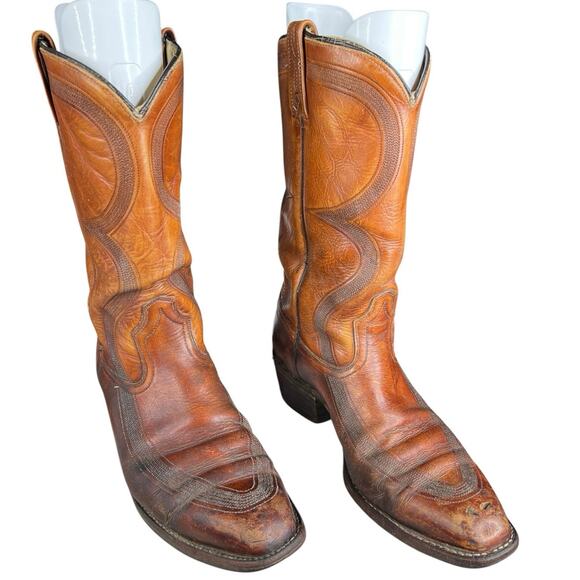 Vintage Men’s Dan Post Narrow Embossed Brown Leather Cowboy Boot Size US 10.5 B main image 10